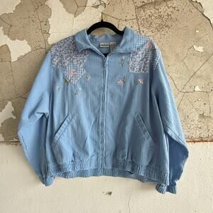 Vintage Patchwork Floral Zip Jacket Light Blue Cotton Cottagecore Size L